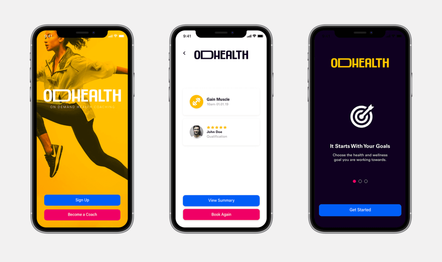 Three Odhealth app screens showing the new visual identity
