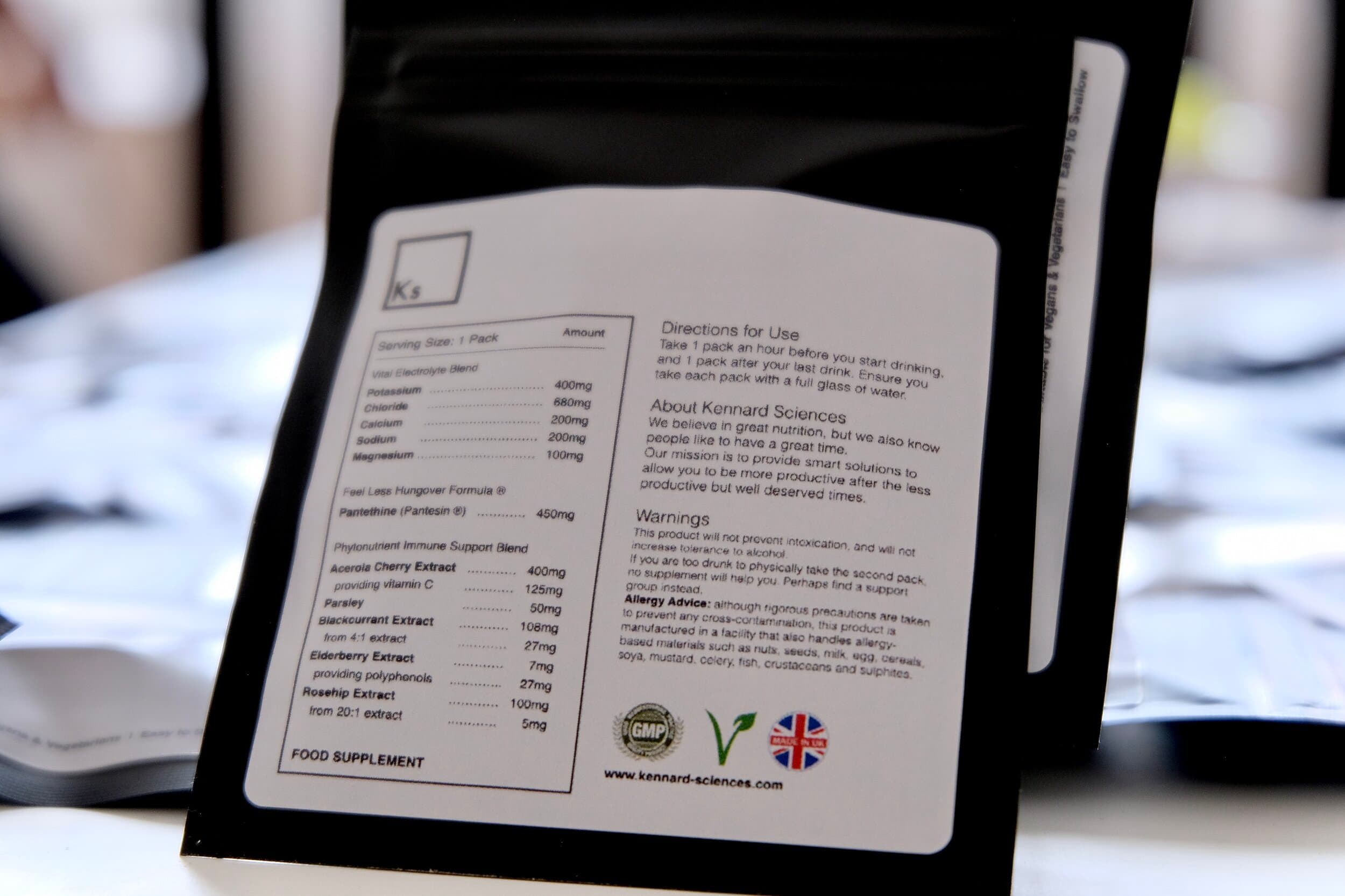 Ingredients and information on the back of The Night Out packaging