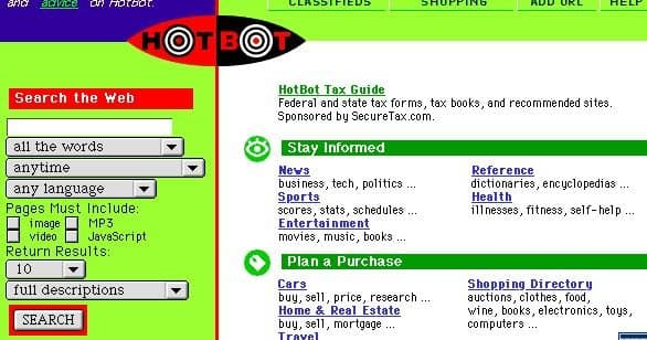 The early HotBot search engine homepage, with its green search panel and web directory.